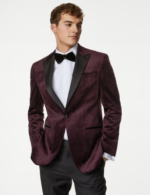 

Mens M&S Collection Slim Fit Velvet Tuxedo Jacket - Burgundy, Burgundy