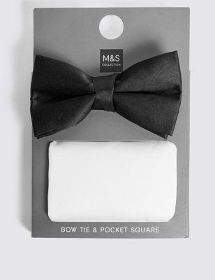 Mens M&S Collection Bow Tie & Pocket Square Set - Black/White, Black/White