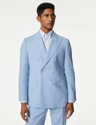 

Mens M&S Collection Tailored Fit Linen Rich Double Breasted Suit Jacket - Light Blue, Light Blue