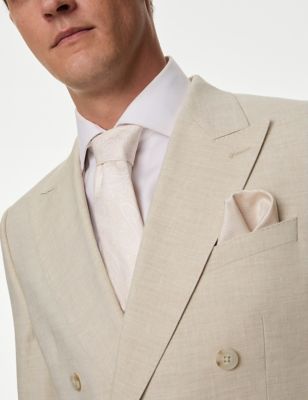 M&S Men's Tailored Fit Linen Rich Double Breasted Suit Jacket - 44LNG - Neutral, Neutral,Light Blue