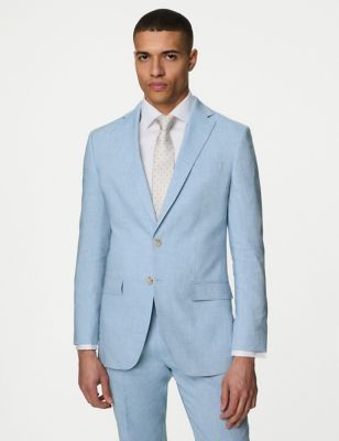 M&S Mens Tailored Fit Italian Linen Miracle Suit Jacket - 48SHT - Light Blue, Light Blue,Dark Brown