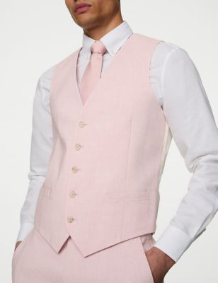 M&S Mens Italian Linen Miracle Waistcoat - 44REG - Pale Pink, Pale Pink,Neutral,Navy,Light Blue