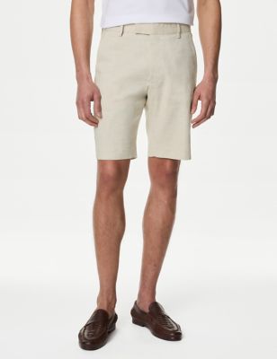 M&S Men's Linen Rich Flat Front Shorts - 32REG - Neutral, Neutral,Light Blue