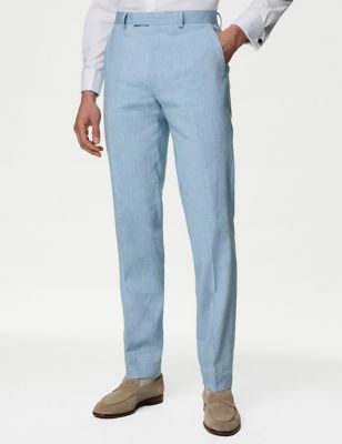 M&S Men's Tailored Fit Italian Linen Miracle Trousers - 32LNG - Light Blue, Light Blue,Burgundy,Nav