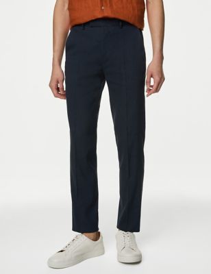 M&S Mens Tailored Fit Italian Linen Miracle Trousers - 40LNG - Navy, Navy,Light Blue,Dark Brown,Bur