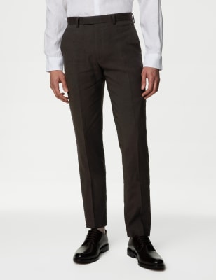 M&S Tailored Fit Italian Linen Miracle™ Trousers - 36Lng - Dark Brown, Dark Brown