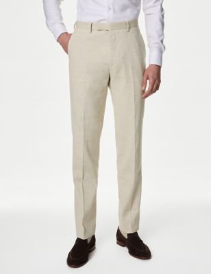 M&S Mens Tailored Fit Italian Linen Miracle Trousers - 34LNG - Neutral, Neutral,Navy,Pale Pink,Ligh
