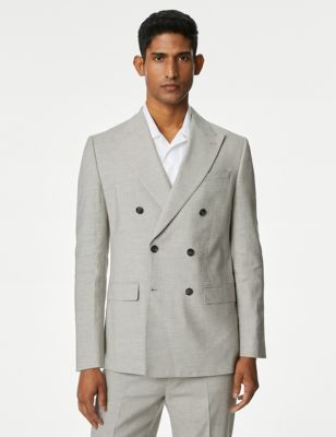M&S Men's Slim Fit Double Breasted Italian Linen Miracle Jacket - 36REG - Grey, Grey