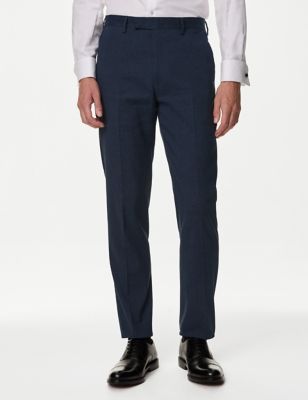M&S Mens Tailored Fit Italian Linen Miracle Puppytooth Suit Trousers - 36SHT - Navy, Navy,Grey