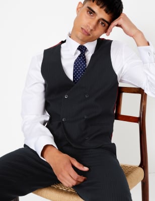 Gilet de costume bleu marine coupe tr&egrave;s ajust&eacute;e en tissu extensible &agrave; rayures