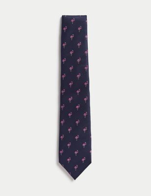 M&S Mens Flamingo Print Pure Silk Tie - Navy, Navy