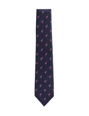 Mens M&S Collection Flamingo Print Pure Silk Tie - Navy