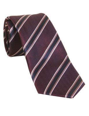 Mens M&S Collection Striped Pure Silk Tie - Burgundy, Burgundy