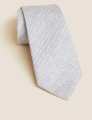 Mens M&S Collection Textured Linen Rich Tie with Silk - Silver, Silver