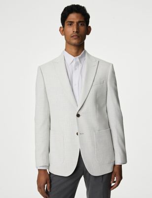 M&S Men's Textured Check Stretch Blazer - 42REG - Light Grey, Light Grey