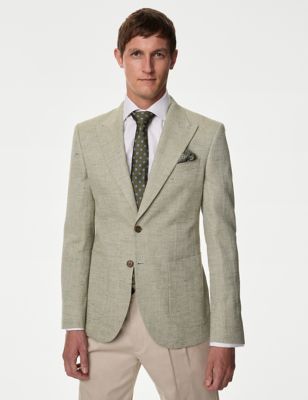 M&S Mens Italian Linen Blend Textured Blazer - 44SHT - Sage Green, Sage Green,Navy,Light Sand