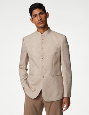 M&S Men's Textured Jacquard Nehru Jacket - 36SHT - Neutral, Neutral