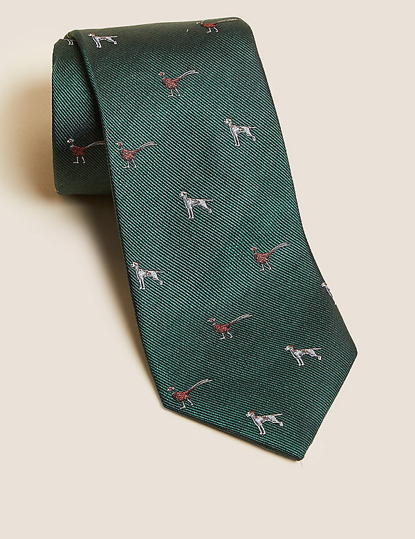 Dog and Pheasant Print Pure Silk Tie - OM