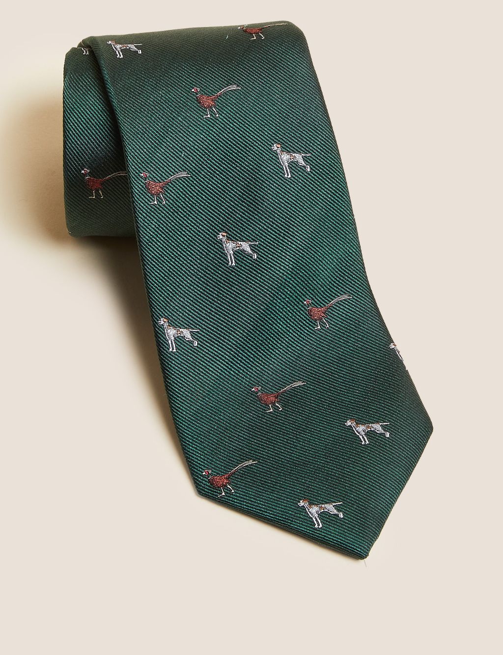 Dog and Pheasant Print Pure Silk Tie