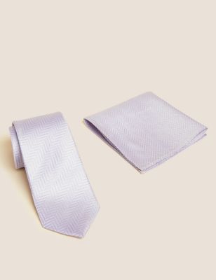 Mens M&S Collection Woven Pure Silk Tie & Pocket Square Set - Lilac, Lilac