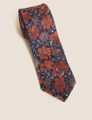 

Mens M&S Collection Slim Floral Pure Silk Tie - Navy Mix, Navy Mix