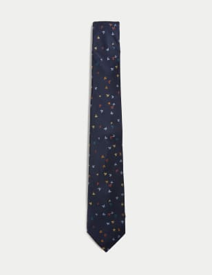 M&S Sartorial Mens Leaf Print Pure Silk Tie - Navy Mix, Navy Mix