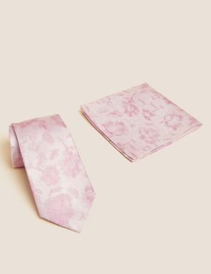 Mens M&S Collection Floral Pure Silk Tie & Pocket Square Set - Light Pink, Light Pink
