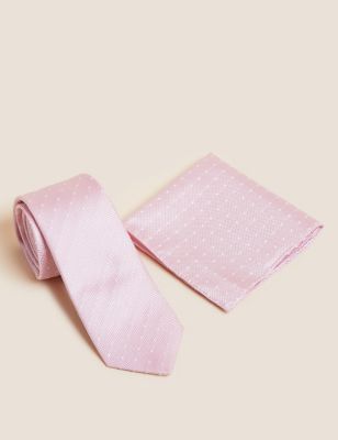 Mens M&S Collection Woven Pure Silk Tie & Pocket Square Set - Light Pink, Light Pink