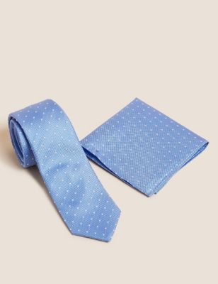 Mens M&S Collection Woven Pure Silk Tie & Pocket Square Set - Blue, Blue