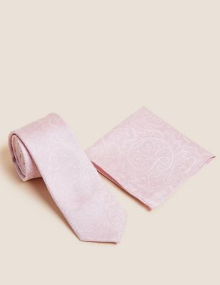 Mens M&S Collection Paisley Pure Silk Tie & Pocket Square Set - Light Pink, Light Pink