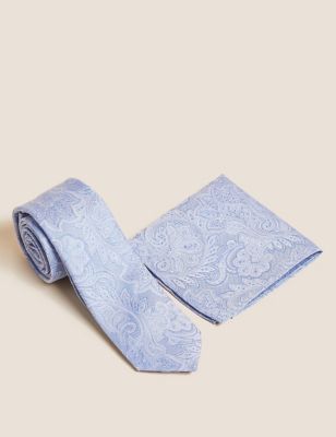 Mens M&S Collection Paisley Pure Silk Tie & Pocket Square Set - Blue, Blue