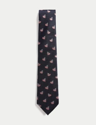 

Mens M&S SARTORIAL Pig Print Pure Silk Tie - Navy Mix, Navy Mix