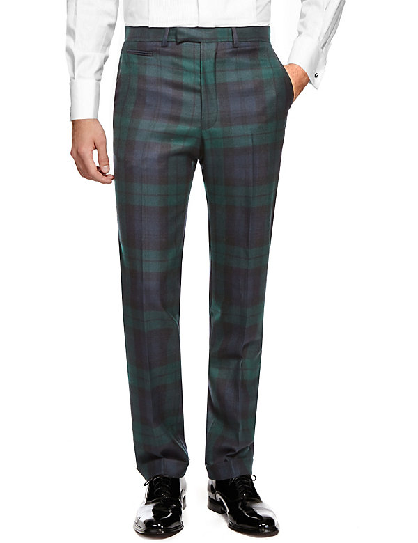 Pure New Wool Flat Front Check Trousers - SG