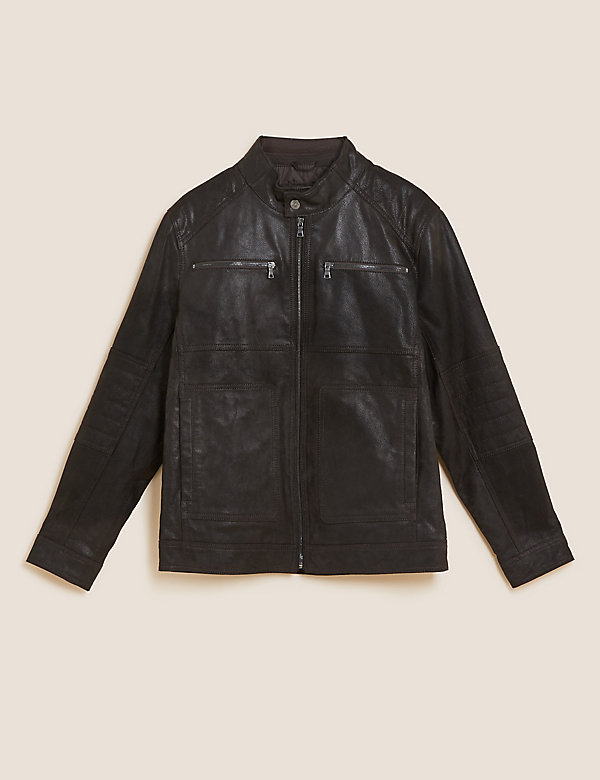 Leather Double Collar Utility Jacket - BE