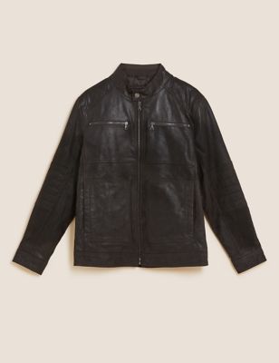 M&S Mens Leather Double Collar Utility Jacket