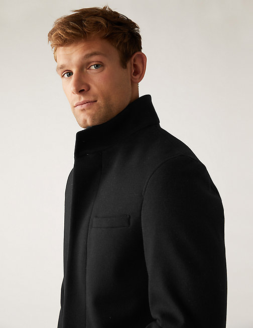 Marks And Spencer Mens M&S Collection Funnel Neck Overcoat - Black, Black