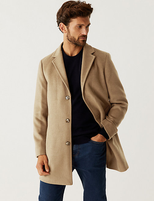 Marks And Spencer Mens M&S Collection Wool Blend Revere Overcoat - Camel, Camel