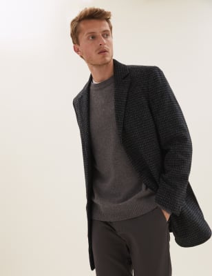 

Mens M&S Collection Revere Puppytooth Overcoat with Wool - Charcoal Mix, Charcoal Mix