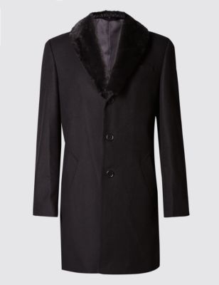 Italian Fabric Wool Rich Coat with Cashmere & Removable Faux Fur Collar ...