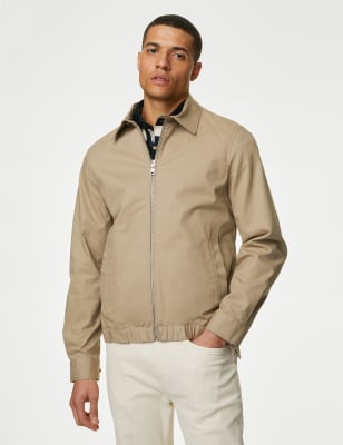 M&S Men's Cotton Rich Harrington Jacket - MREG - Sand, Sand,Dark Sage,Navy,Russet