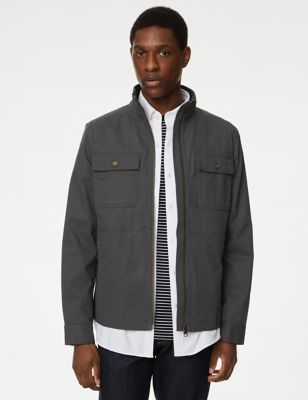 M&S Men's Cotton Rich Jacket with Stormwear - Grey, Grey,Stone,Navy