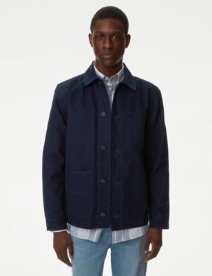 M&S Mens Pure Cotton Chore Jacket with Stormwear - MREG - Navy, Navy,Stone,Rich Blue