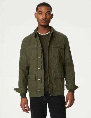 M&S Men's Pure Cotton Utility Jacket - SREG - Khaki, Khaki,Navy,Sand