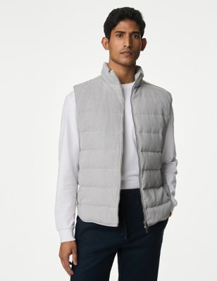 M&S Men's Linen Blend Feather and Down Padded Gilet - S - Light Grey, Light Grey