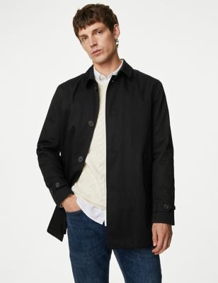M&S Mens Cotton Blend Mac with Stormwear - MLNG - Black, Black,Navy,Sand,Grey