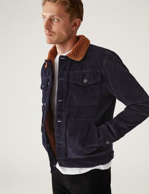 Mens M&S Collection Corduroy Trucker Jacket with Stormwear™ - Navy