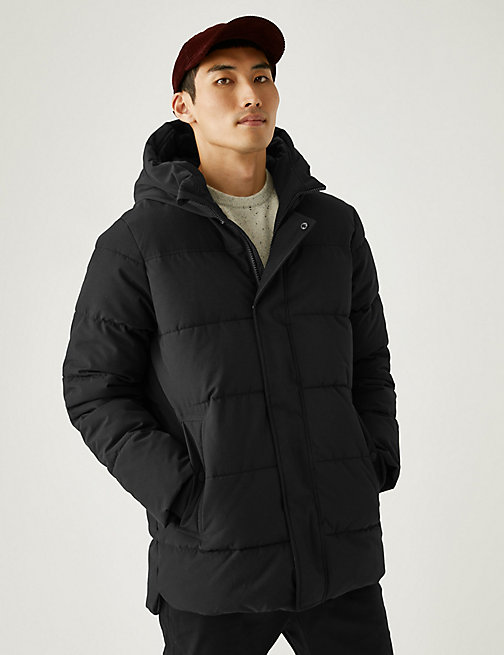 Marks And Spencer Mens M&S Collection Hooded Puffer Jacket with Thermowarmth - Black, Black