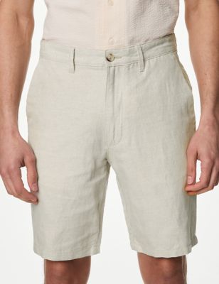 M&S Mens Linen Blend Chino Shorts - 30 - Stone, Stone,Navy