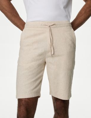 M&S Mens Linen Blend Elasticated Waist Stretch Shorts - Stone, Stone,Camel,Black,Medium Khaki,Lavend