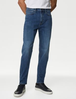 M&S Mens Tapered Fit Stretch Jeans - 3631 - Medium Blue, Medium Blue,Indigo,Black